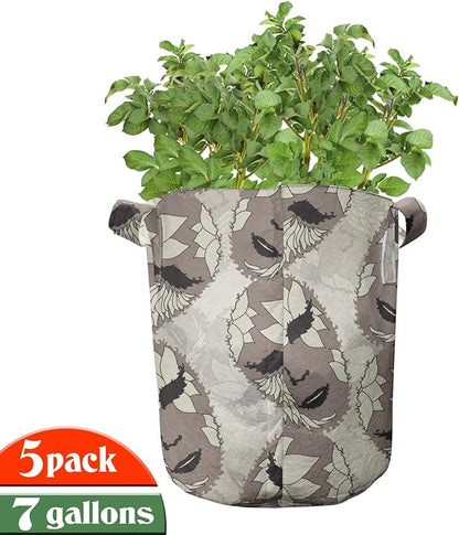 Ambesonne Colorful Grow Bags 5-Pack, Carnival Feathers, Heavyduty Fabric Pots with Handles for Plants, Eggshell