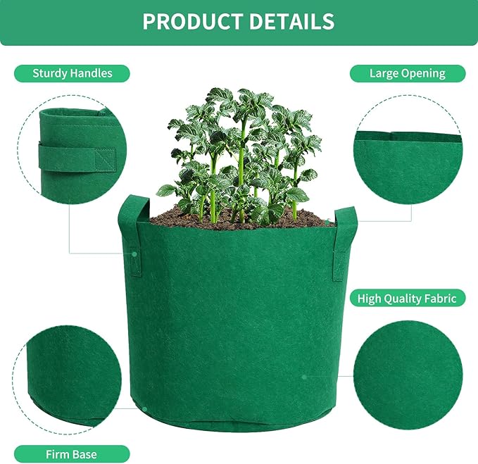 5 Gallon Plant Grow Bags, Green Fabric Pots with Handles, 11.8 * 9.8 Inch Nonwoven Fabric Planters for Vegetables and Potatoes, 5 Pack