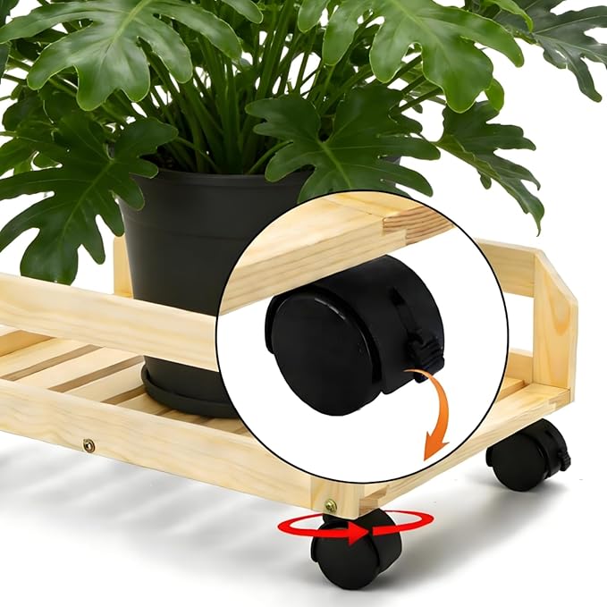 Wood Plant Caddy, Heavy Duty Plant Stand with Lockable Wheels, Rectangular Pot Dolly Flower Mover for Indoor Outdoor, Holds up to 100 Lbs