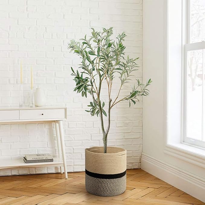 TIMEYARD Sturdy Jute Rope Plant Basket Modern Woven Basket for 11" Flower Pot Floor Indoor Planters, 12'' x 12'' Storage Organizer Baskets Rustic Home Decor, Black and Beige Stripes