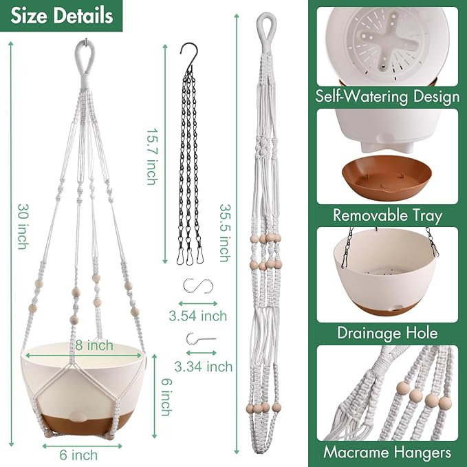 montresor Set of 2-8 Inch Hanging Planters for Indoor Plants with Self-Watering Includes Hanging Pots for Plants, Outdoor Plant Pot with Drainage, and 2 Types of Hanging Baskets Hangers (White)