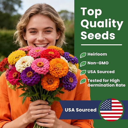 5000+ Zinnia Seeds Flower Seeds for 2026 Planting, 1.5 Oz, 5 Varieties (Pink, Yellow, Orange, White, Purple), 40G Mixed Colors and Large Blooms, Open Pollinated - Bulk (1.5 Ounce Pouch)