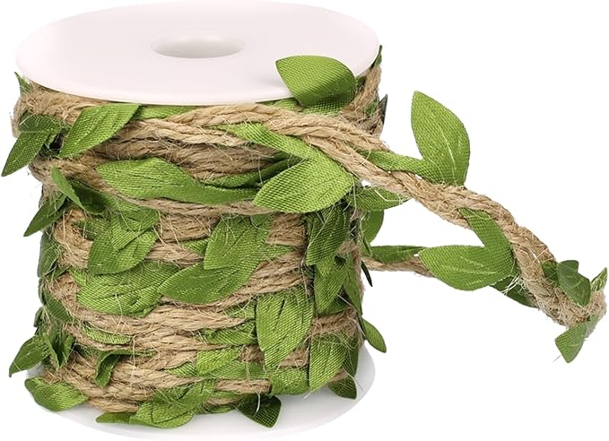 Natural Jute Twine with Green Leaf Ribbon – 33ft Decorative Vine Rope for Gardening, Plant Hanging, Crafts, Gift Wrapping, and DIY Projects (Jute Twine + Dark Green)