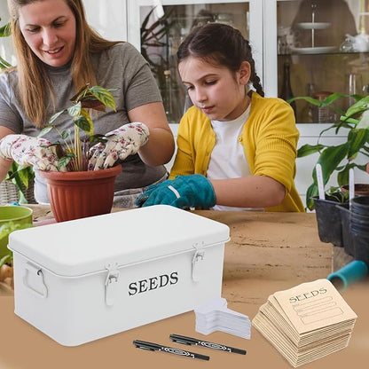 4 Dividers Seed Storage Box, Metal Seed Box Seed Storage Organizer with Safety Lock, Portable Garden Seed Bin, Professional All-in-one Kit, White