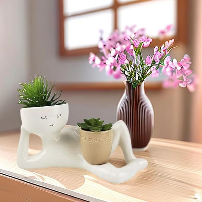 Lazy Guy Planter - Funny Smiling Face Resin Flower Pot with Double Drainage Hole, Cute Lying Down Figure Succulent & Cactus Planter, Unique Home Garden Decor Gift for Family & Friends