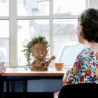 Face Planter Pot, Cute Girl Playing Guitar Head Planter for Indoor Plants, Unique Resin Succulent Pots with Drainage, Creative Music Lover Gifts for Guitarist Women Mom (Brown)