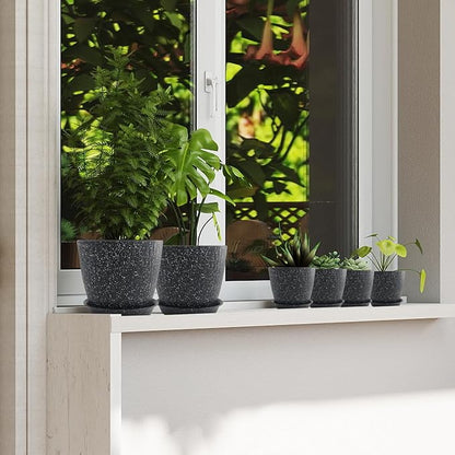 8/7/6 inch Plant Pots, 3 Pack Flower Pots for Outdoor Indoor Garden Plants, Large Planters with Multi Mesh Drainage Holes and Saucer (Speckled Black, 8"+7"+6")