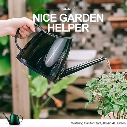 WhaleLife Small Indoor Watering Can for House Plants - Stylish Green Plastic Watering Pitcher with Long Spout for Potted Plants, Succulents, and Desk Gardens 1.4L