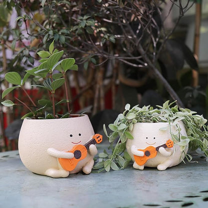 Planter Pot with Drainage Hole Cute Resin Head Planters for String of Pearls Plant Live Unique Guitar Succulent Pots for Indoor Outdoor Plants Gift IdeaI for Christmas (Small)