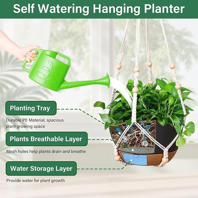 Hanging Planters for Indoor Plants, 2 Pack 8 Inch Self Watering Hanging Pots for Plants with Drainage Holes, Indoor Outdoor Hanging Flower Pots for Home Garden Ceiling Decor (Black)