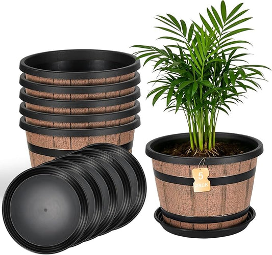 12 Inch Whiskey Barrel Planters with Drainage Holes & Saucer, 5 Pack Plastic Plant Pots with Wine Barrel Design, Flower Pots for Indoor Outdoor Balcony