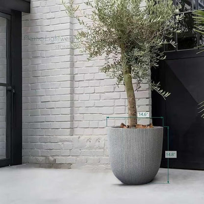 14.8" Tall Round Tapered Planter - Gray Faux Cement Finish, Lightweight Durable Plastic Plant Pot with Drainage Hole & Plug, Weather & UV Resistant Pot for Plants Indoor/Outdoor Use, 12.5" Opening