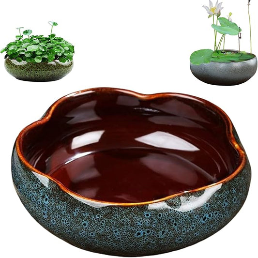 Lotus Bowl Planter,Round Lotus Bowl,Ceramic Lotus Flower Bowl,Lotus Bowls for Planting in Water Indoors,Applicable to Bonsai Bowl Lotus Flower,Succulent Plants Hydroponic Plant Home Decor (Blue+S)