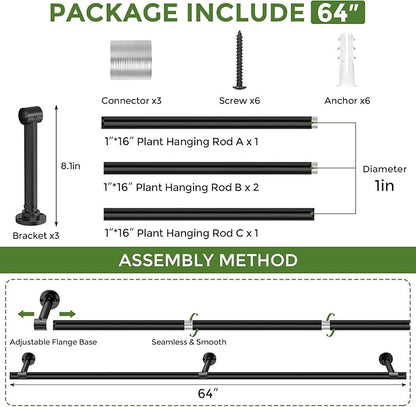 Window Plant Hanger Indoor, 64 Inch Heavy Duty Plant Hanging Rod, 1 Inch Metal Hanging Plant Holder for Window Wall, Matte Black Round Flange Base, Pot Not Included