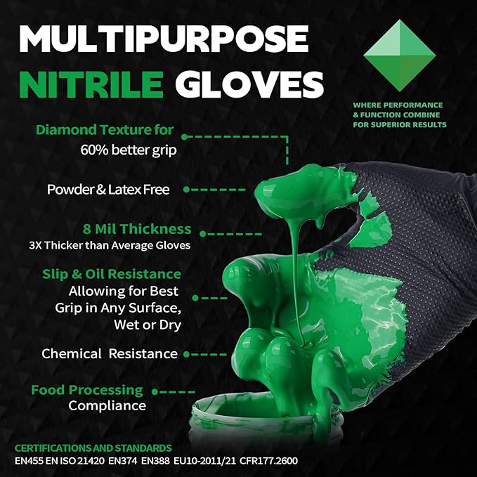 FINITEX Industrial Diamond Texture Nitrile Black Glove - 100/1000PCS Chemical Resistant 8mil Mechanic Disposable Gloves