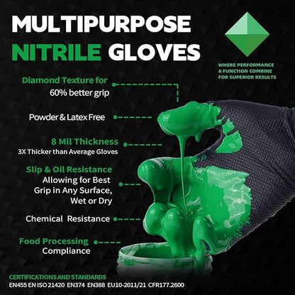 FINITEX Industrial Diamond Texture Nitrile Black Glove - 100/1000PCS Chemical Resistant 8mil Mechanic Disposable Gloves