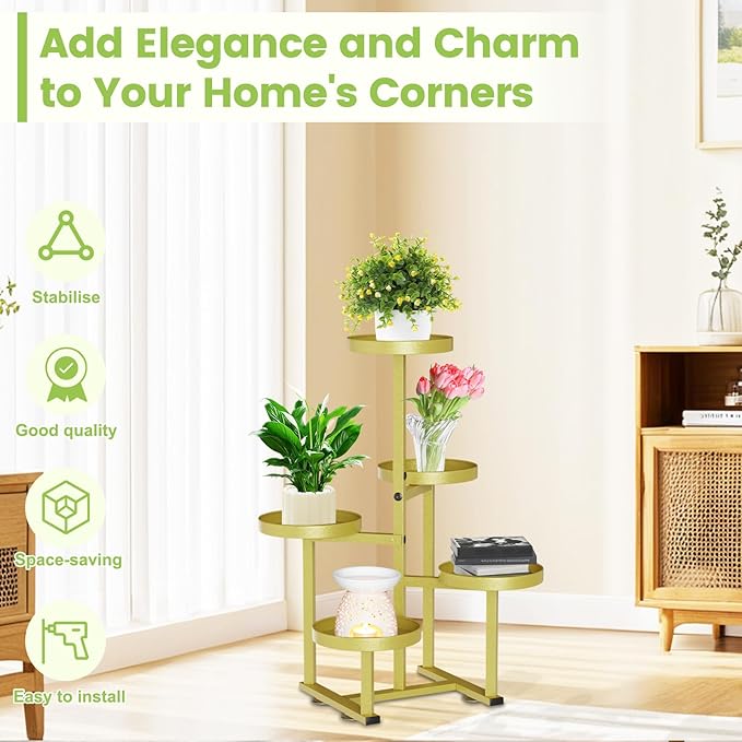 5 Tier Gold Plant Stand Indoor Outdoor, Corner Metal Tiered Plant Shelf for Multiple Plants, Flower Pot Holder Display Rack Shelf for Window Porch Garden Home Decor