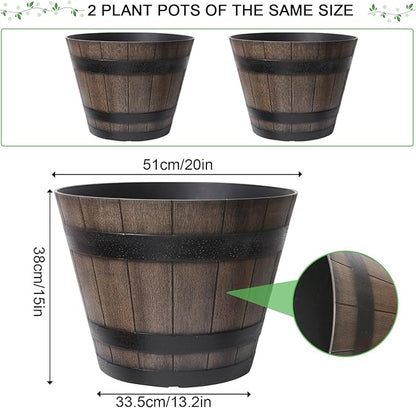 Large Plant Pots, 20 Inch 2 Pack Plastic Whiskey Barrel Planters, Big Flower Pots Wine Barrel Design for Outdoor Indoor, Garden, Porch, Patio, Backyard
