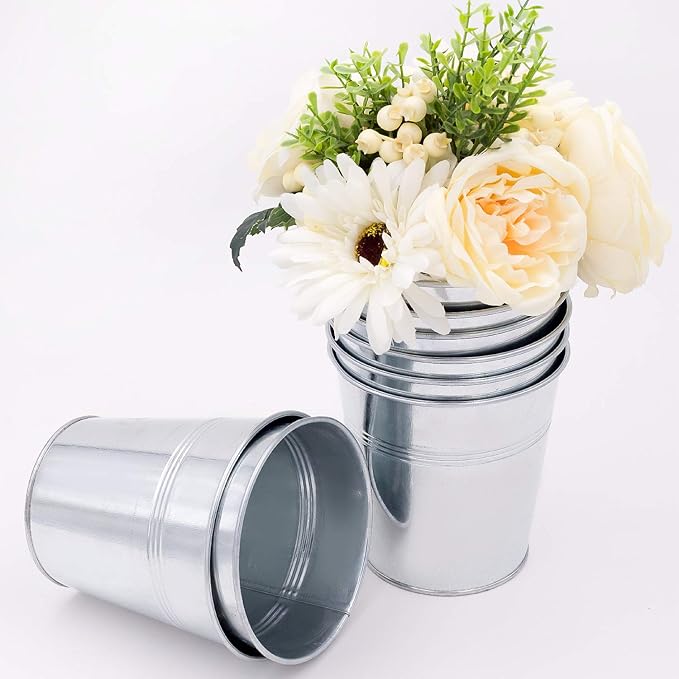 KINJOEK 8 Packs 4.72 x 4.72 x 3.54 Inch Galvanized Bucket Metal Planter, Silver Round Flower Pot Plant Basket for Balconies, Gardens, Patios, Office, Parties and Weddings