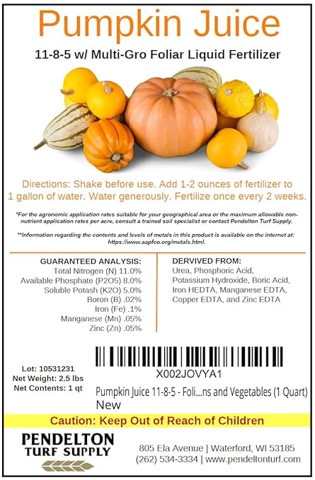 Pumpkin Juice 11-8-5 - Foliar Liquid Fertilizer with Essential Micro-nutrients for Pumpkins and Vegetables (1 Quart)