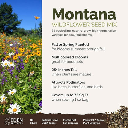 Eden Brothers Montana Wildflower Mixed Seeds for Planting, 1 oz, 30,000+ Seeds with Foxglove, Bluebell | Attracts Pollinators, Plant in Spring or Fall, Zones