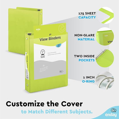 1 Inch 3 Ring Binder 1” Binder Green Clear View Cover with 2 Inside Pockets, Colored School Supplies Office and Home Binders – by Enday