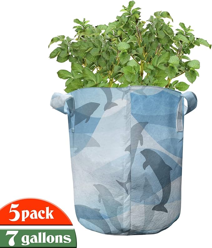Ambesonne Dolphin Grow Bags 5-Pack, Underwater Fish Pattern, Heavyduty Fabric Pots with Handles for Plants, Blue Grey