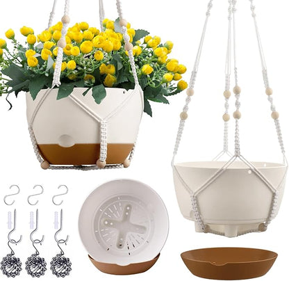 3 Pack 8/10/12 Inch Hanging Planters for Indoor Plants with Self-Watering Includes Hanging Pots for Plants, Outdoor Hanging Flower Pots with Drainage, and 2 Types of Hanging Baskets Hangers (White)