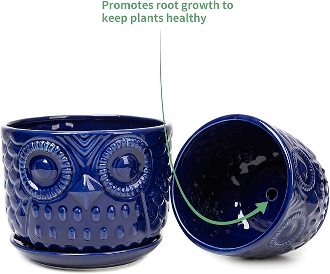 Ceramic Flower Pots, Ceramic Planters with Drainage Hole and Saucer, Modern Round Indoor Succulent Planters with Owl Design, Small to Medium-Sized, Set of 3, Navy Blue