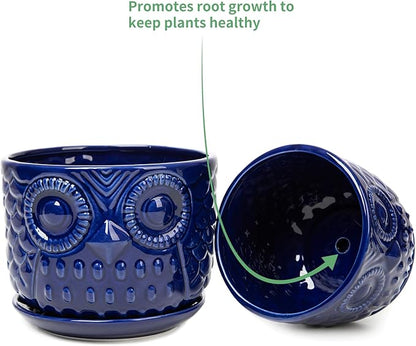 Ceramic Flower Pots, Ceramic Planters with Drainage Hole and Saucer, Modern Round Indoor Succulent Planters with Owl Design, Small to Medium-Sized, Set of 3, Navy Blue