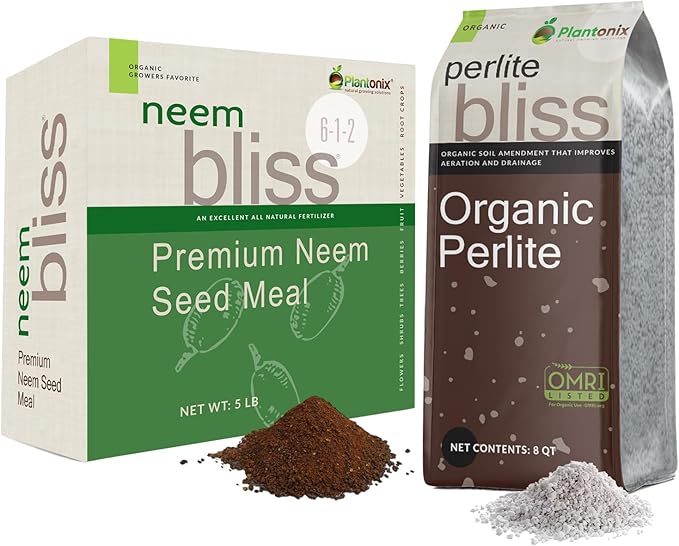 Perlite Bliss (8 Qts) + Neem Bliss (5lbs) - Organic Perlite for Plants & Neem Cake for Plants - Perlite for Gardening - Neem Seed Meal Fertilizer - Neem Powder for Plants - Garden Soil Potting Mix