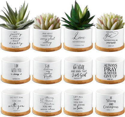 Fumete 24 Set White Bible Verse Succulent Pots with Drainage 3.15" Mini Ceramic Flower Planter Pot with Bamboo Tray Small Plant Pots Christian for Friends Family, Plants Not Included