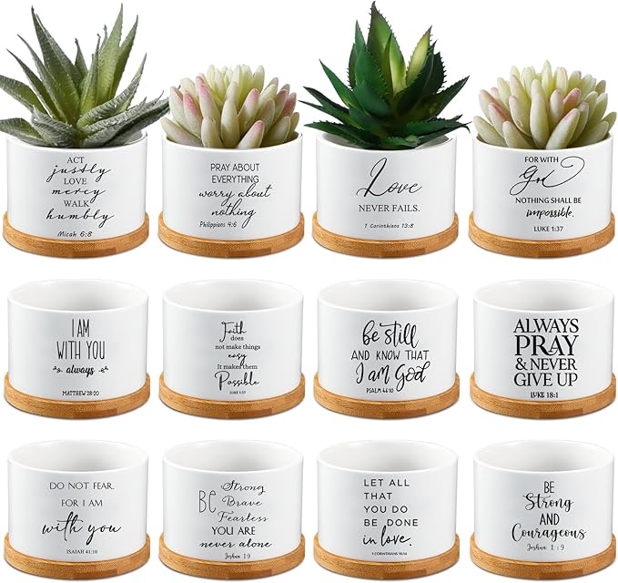 Fumete 12 Pcs Bible Verse Succulent Pots with Bamboo Tray Drainage 3.15 Inch Mini Ceramic Flower Planter Pot Christian Gifts for Women Sunday School Teacher Church Plants Not Included(Classic Style)