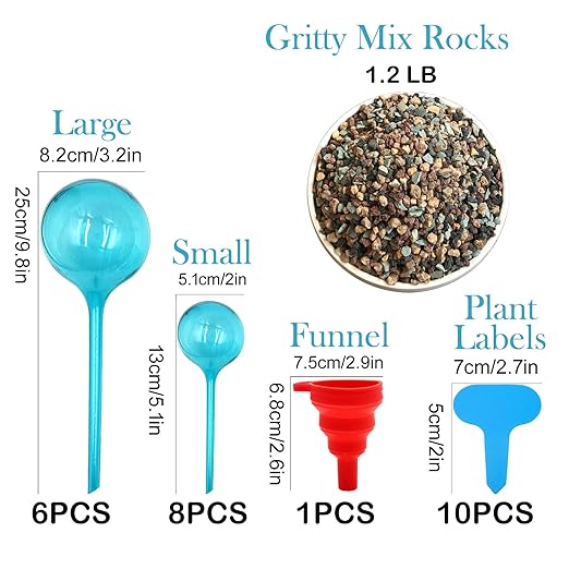 Plastic Self Watering Globes for Plants,14 PCS Plant Watering Globes,with Funnel+Label+Mix Rocks,Plastic Automatic Devices Watering Globe for Indoor Outdoor Plants, Garden,Flowers,Vacation Plant Care