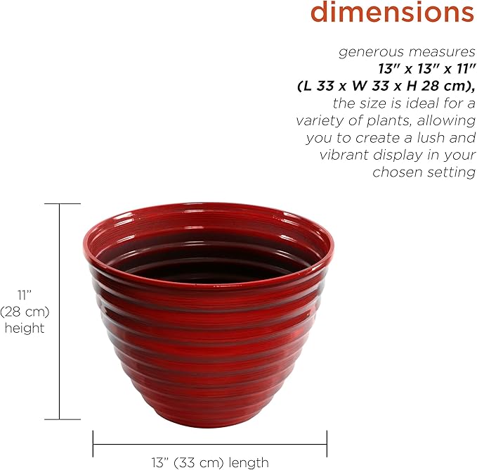 Alpine Corporation TWM120RD Indoor/Outdoor 13" Round Striped Planter, Glossy Planter with Drainage Hole and Plug, Red