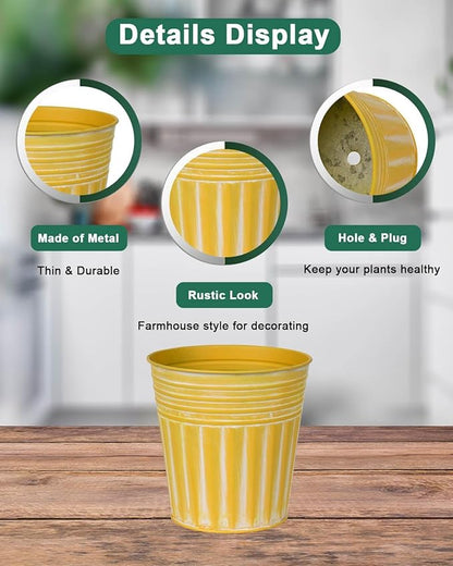 6 Inch Yellow Metal Rustic Flower Pots - 6Pcs Galvanized Planters with Drainage Hole and Rubber Plug, Rustproof Metal Bucket Plant Pots Farmhouse Vintage Style for Decor