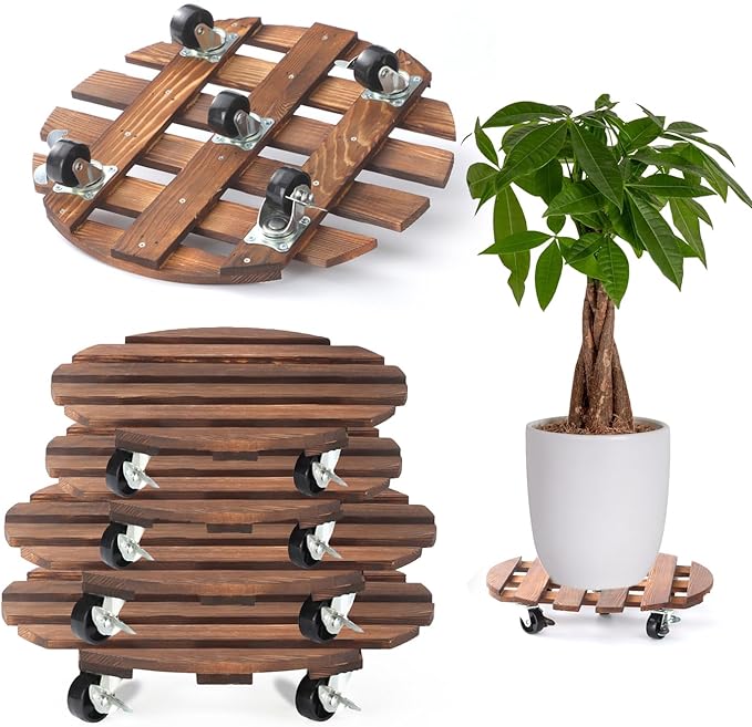 4 Pack Plant Caddy with 5 Wheels, Wood Rolling Plant Stand 220 LB Heavy Duty, Plant Dolly with Metal 360° Lockable Caster Wheels for Outdoor Indoor Large Plant Pots, Flower Pot, Patio (14"+14"+12"+12")