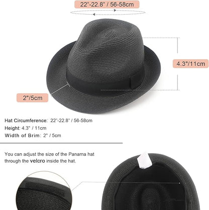 DRESHOW Women Straw Panama Hat Travel Fedora Beach Sun Hat Summer Wide Brim Straw Roll up Hat UPF 50+