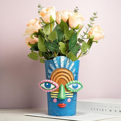 Picasso Blue Face Planter Pots Abstract Art Colorful Funky Plant Pots with Facial Expressions Unique Head Planter for Indoor Plants Home Decor (Large)