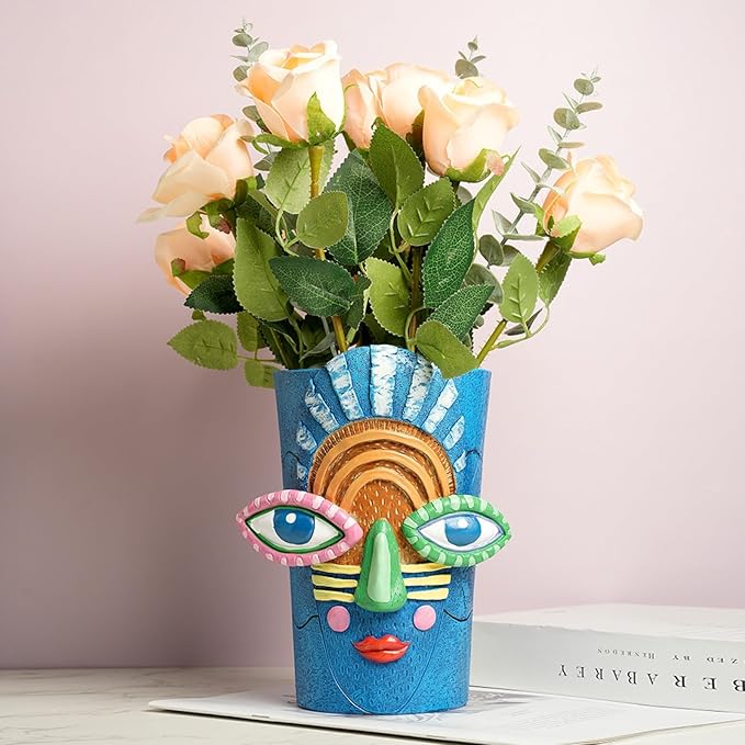 Picasso Blue Face Planter Pots Abstract Art Colorful Funky Plant Pots with Facial Expressions Unique Head Planter for Indoor Plants Home Decor (Small)