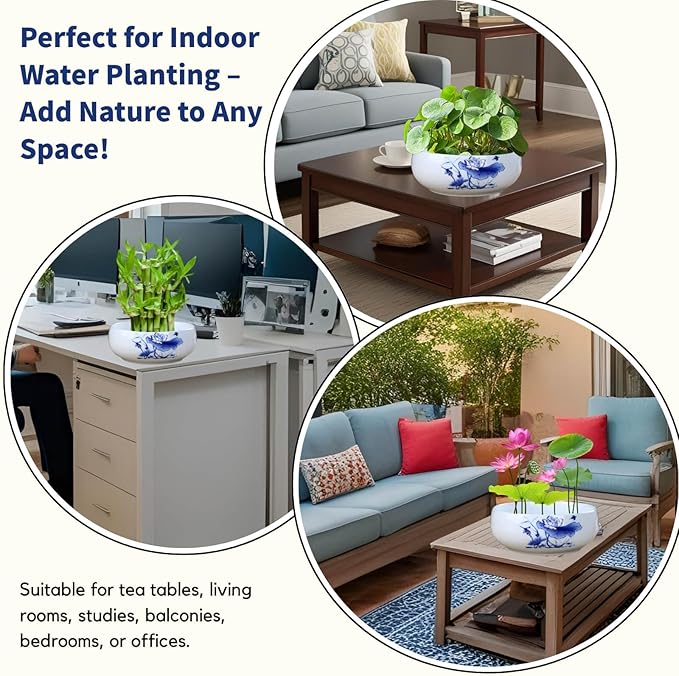 Lotus Bowl Planter, Ceramic Water Lily Bowl, Hydroponic Bonsai Lotus Bowls for Water Plants Indoor, Succulent Pots, Leak-Proof Design (7.68in*2.95in)