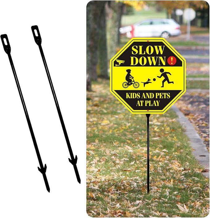 Pack of 2 Metal Yard Sign Stakes, Length 16.5 Inches Thickness 0.3 Inches for Ground Yard Lawn, Rust, Wind & Dust Resistant Sturdy Metal Stake, Not Easy to Shake, Color Available (Black)
