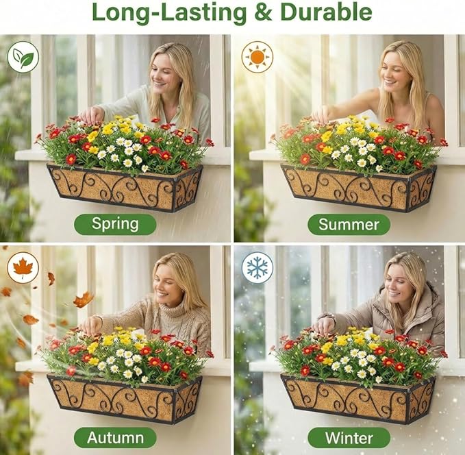 Y&M 24 Inch Window Deck with Coco Liner, Fence Metal Hanging Flower Planter Window Basket Deck Railing Planter Boxes for Outdoor Garden Lawn-Butterfly, 2pcs
