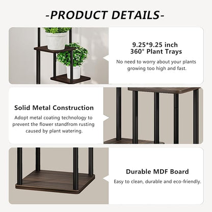AZERPIAN Plant Stand 4 Tier Indoor Metal Flower Shelf for Multiple Plants Corner Tall Flower Holders for Patio Garden Living Room Balcony Bedroom, Black oak