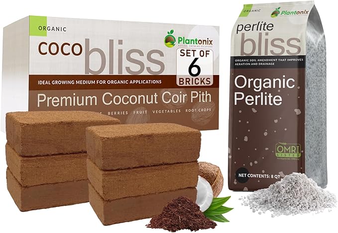 Coco Bliss 650gm Bricks (6-Pack) + Perlite Bliss (8 Qts) - Coco Coir Bricks & Organic Perlite for Plants - Coco Coir Perlite Mix - Organic Coco Coir for Plants - Coconut Coir Bulk Potting Soil Mix