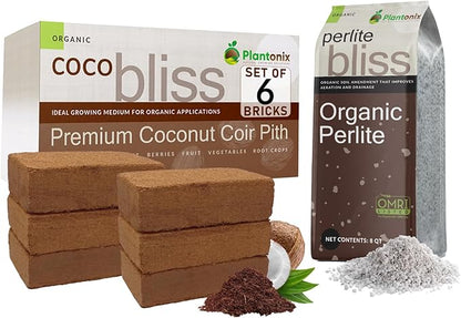 Coco Bliss 650gm Bricks (6-Pack) + Perlite Bliss (8 Qts) - Coco Coir Bricks & Organic Perlite for Plants - Coco Coir Perlite Mix - Organic Coco Coir for Plants - Coconut Coir Bulk Potting Soil Mix
