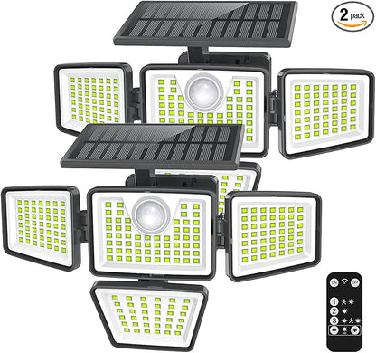 3000LM Solar Lights Outdoor with Motion Sensor,4 Head 270° Wide Angle Street Area Lights,IP65 Waterproof Security Lighting with 3 Modes(Remote,2 Pcs)