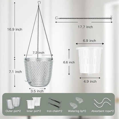 QCQHDU Self Watering Hanging Pots, 2 Pack 7.2 Inch Hanging Planters for Plants Indoor, Outdoor Flower Pots with Drainage Holes and 3 Hooks Chains for Garden Home (Clear)
