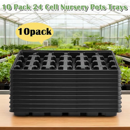 24 Cell Nursery Pots Trays 10 Pack (17"x11"x1.6"), Reusable Plastic Plant Pot Tray with Drain Holes, Carrying Seed Starter Tray for Holding 3 inch Square Nursery Pots (Black)