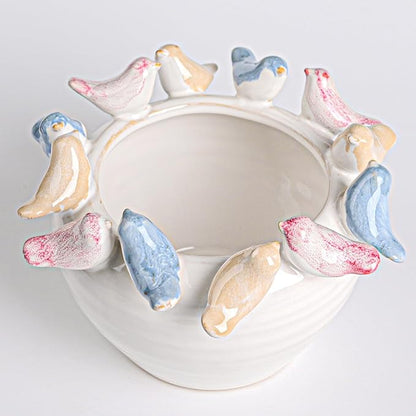 ZSHAWN Stoneware Planter with Colorful Birds on Rim, Reactive Glaze Decorative Flower Pot for Indoor Plants, Vintage Cottagecore Bird Planter, Ceramic Pot for Succulents, Tabletop Home Décor Accent